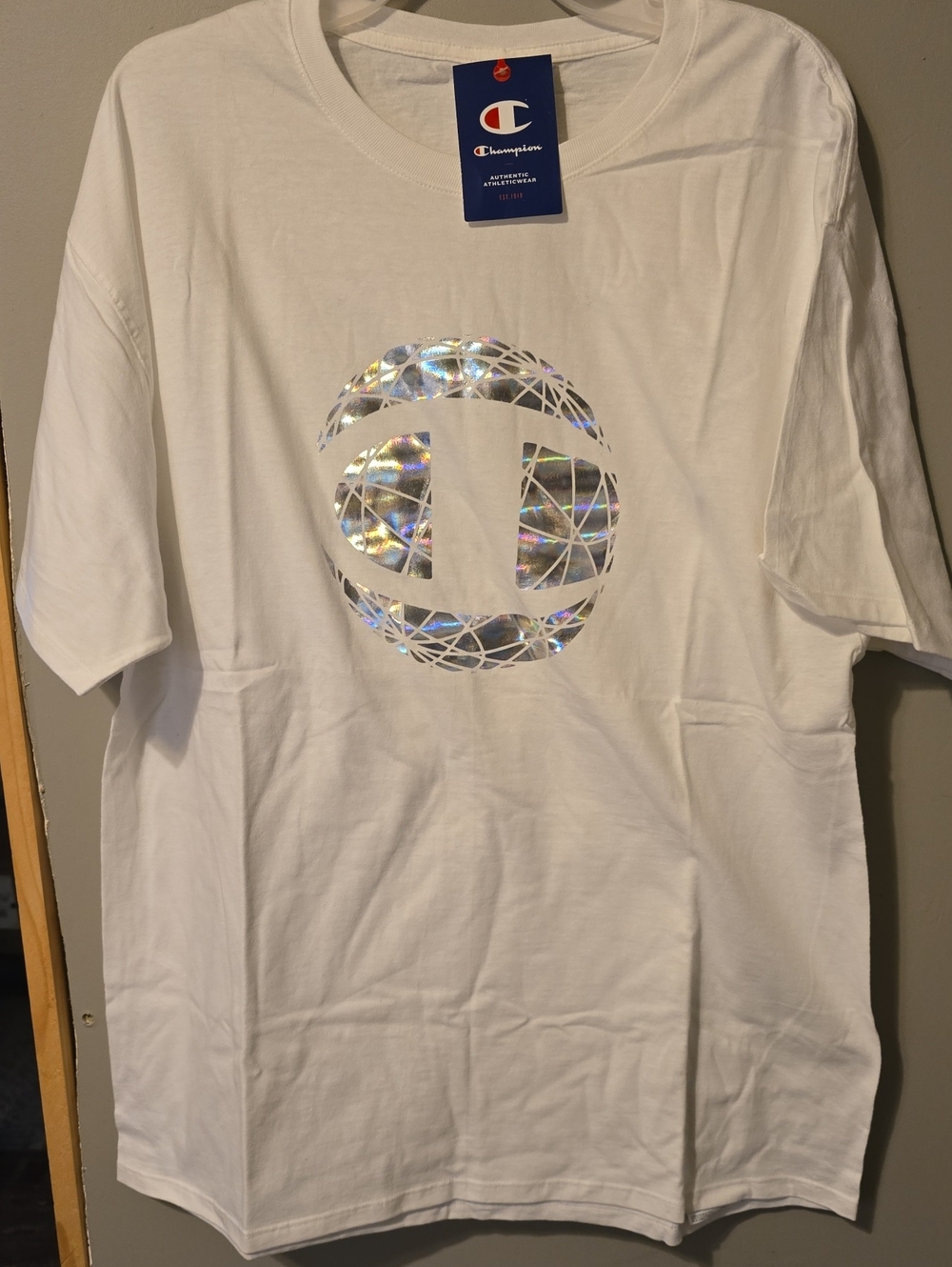 Champion White Short Sleeve Tee with Holographic Logo